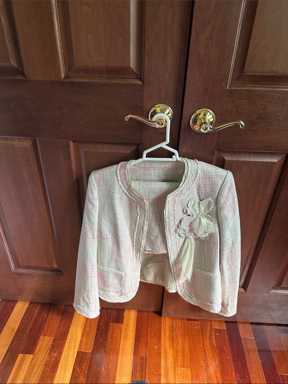Women Pink Tweed Dress Jacket with Bow Accent